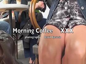 Woman in short dress upskirted at cafe