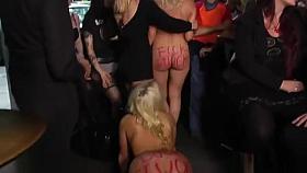 Busty blondes made crawl in public