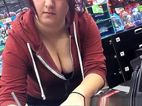 Big tits store worker cleavage