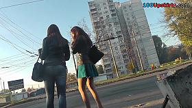 Couple of ardent girls participates in upskirt videos