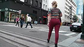 Blonde PAWG in tight red jeans on the street