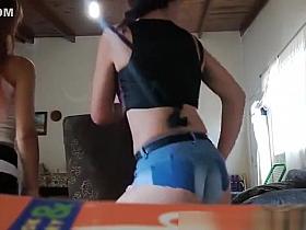 Girl in tight jeans shorts twerking
