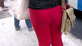SDRUWS2 - SEE THROUGH RED LEGGINS AND VISIBLE THONG