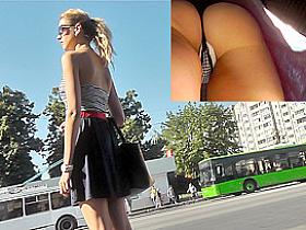 Amateur upskirt voyeur video with petite blonde cutie