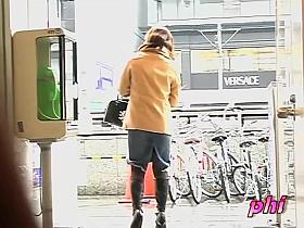 Pay phone sharking action with glamorous Japanese girl being really surprised