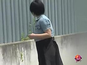 Black-haired petite Asian hoe flashes her bushy pussy during street sharking