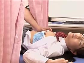 Medical scene of young na.ve Asian sweetie getting checked by two kinky doctors