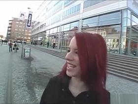 European redhead girl shows off her tits and pussy outdoor for cash